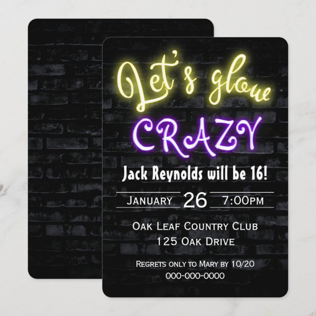 16th Birthday Neon Glow Sign on Brick Wall Invitation (Front/Back)