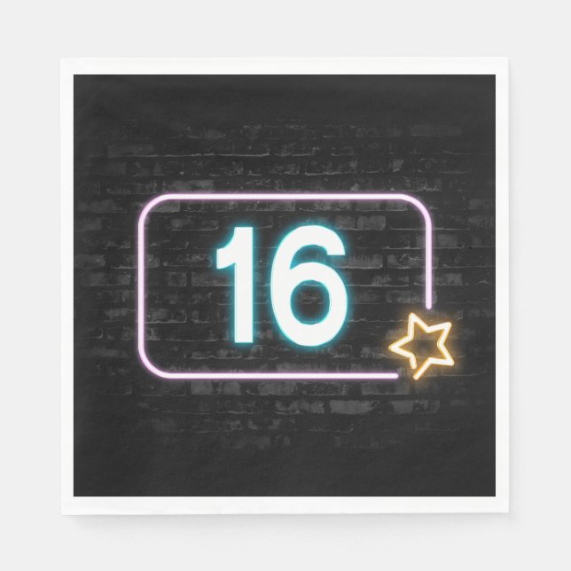 16th Birthday Neon Sign On Brick Napkin (Front)