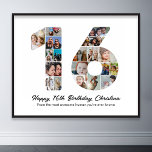 16th Birthday Number 16 Photo Collage Picture Poster<br><div class="desc">Mark sixteen years of wonderful memories and adventures with this captivating 16th Birthday Number Photo Collage. This customizable template is the perfect blend of creativity and sentiment, allowing you to create a truly memorable gift for your loved one's special day. Capture the essence of ten incredible years in a single...</div>