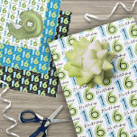 16th Birthday Numbers Green Blue Wrapping Paper Sheet<br><div class="desc">An assortment of birthday wrapping paper sheets featuring bold birthday years in blue and greens with black,  white and  teal backgrounds to wrap presents. Make a personalized statement with your gifts for a 16th birthday party.</div>