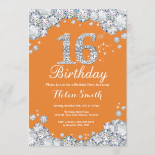 16th Birthday Orange and Silver Diamond Invitation