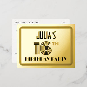 16th Birthday Party ~ Art Deco Style “16” + Name Foil Invitation Postcard