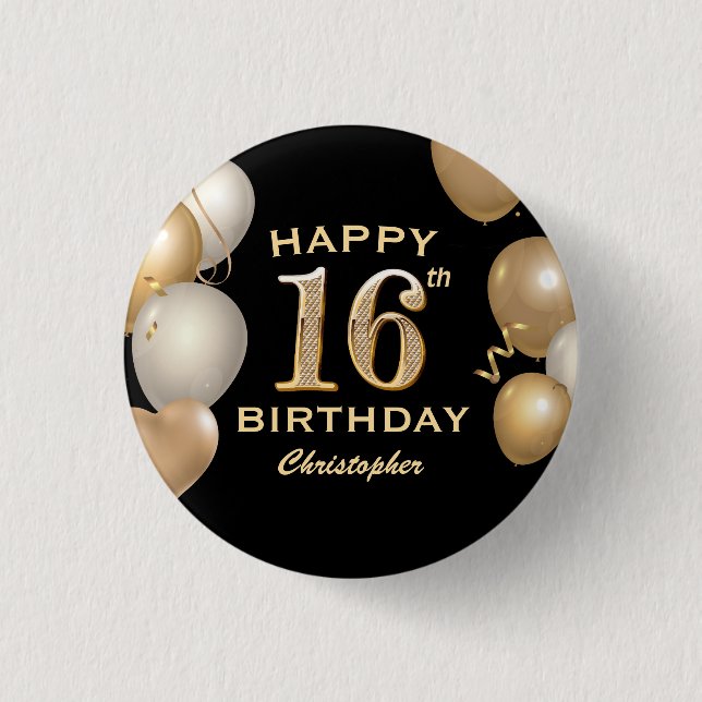 16th Birthday Party Black and Gold Balloons 1 Inch Round Button (Front)