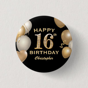 16th Birthday Party Black and Gold Balloons 1 Inch Round Button