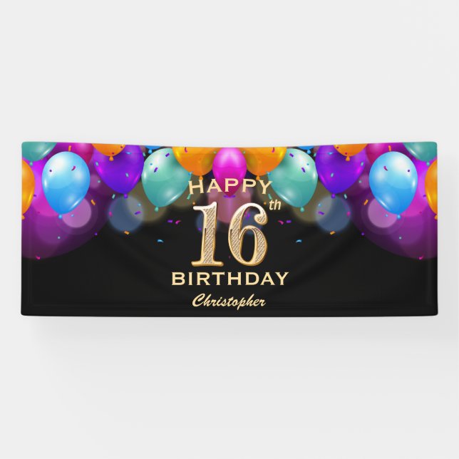 16th Birthday Party Black and Gold Balloons Banner (Horizontal)