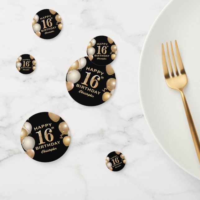 16th Birthday Party Black and Gold Balloons Confetti (Group)