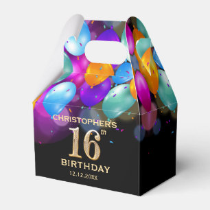 16th Birthday Party Black and Gold Balloons Favor Box