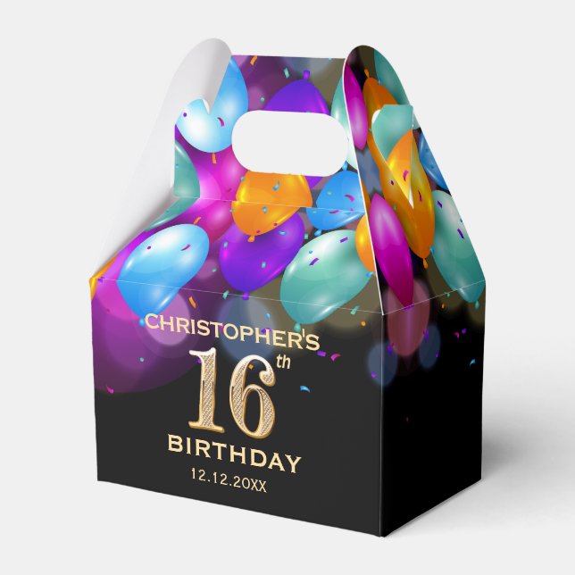 16th Birthday Party Black and Gold Balloons Favor Box (Front Side)