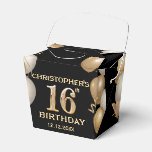 16th Birthday Party Black and Gold Balloons Favor Box