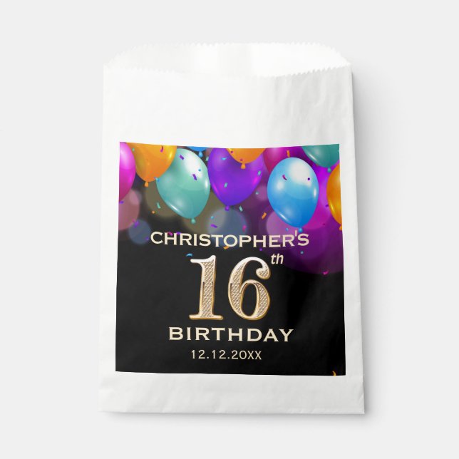 16th Birthday Party Black and Gold Balloons Favour Bag (Front)