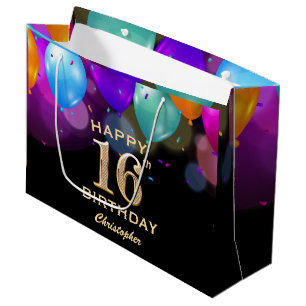16th Birthday Party Black and Gold Balloons Large Gift Bag