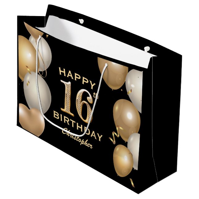 16th Birthday Party Black and Gold Balloons Large Gift Bag (Front Angled)