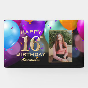 16th Birthday Party Black and Gold Balloons Photo Banner
