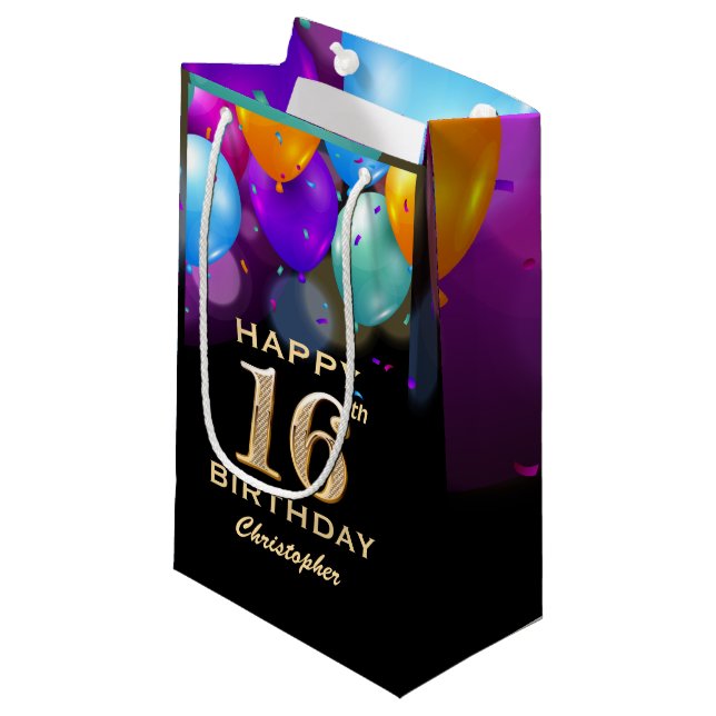 16th Birthday Party Black and Gold Balloons Small Gift Bag (Front Angled)