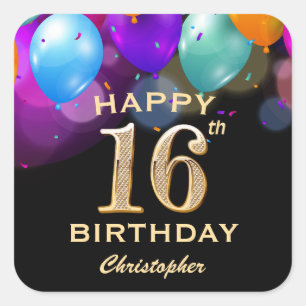 16th Birthday Party Black and Gold Balloons Square Sticker