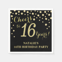 16th Birthday Party Black and Gold Diamond Napkins