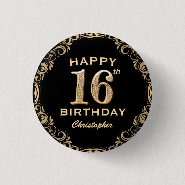 16th Birthday Party Black and Gold Glitter Frame 1 Inch Round Button (Front)