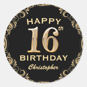 16th Birthday Party Black and Gold Glitter Frame Classic Round Sticker