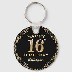 16th Birthday Party Black and Gold Glitter Frame Keychain