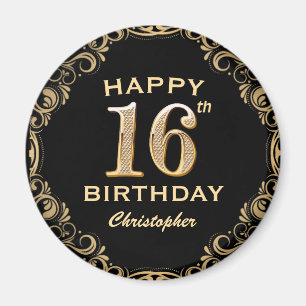 16th Birthday Party Black and Gold Glitter Frame Magnet