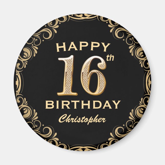 16th Birthday Party Black and Gold Glitter Frame Magnet (Front)