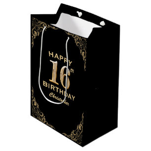 16th Birthday Party Black and Gold Glitter Frame Medium Gift Bag