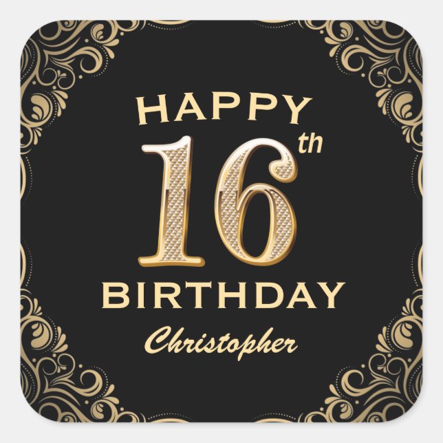 16th Birthday Party Black and Gold Glitter Frame Square Sticker (Front)
