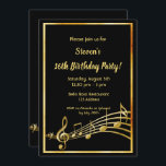 16th birthday party black and gold music notes invitation<br><div class="desc">Let's party and dance! A trendy,  modern 16th birthday party invitation card for both men and women.  A classic black background,  with faux gold  frame and music notes,  golden coloured letters. Templates for your party information.  Back: Black colour faux gold music notes.</div>