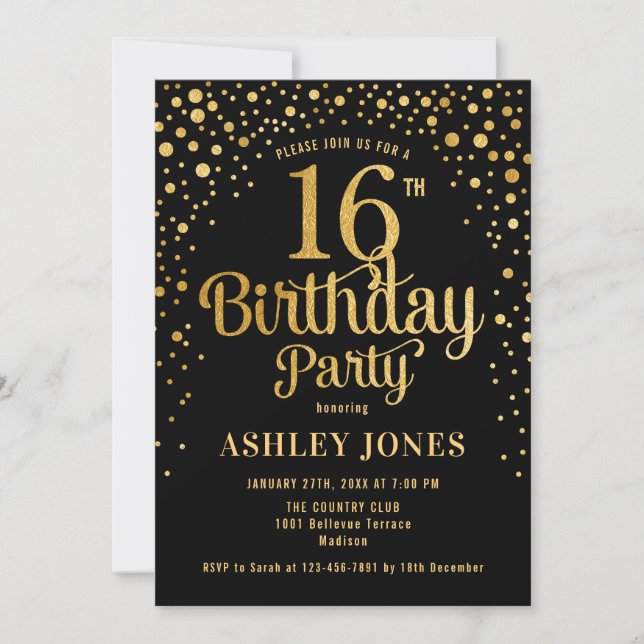 16th Birthday Party - Black & Gold Invitation (Front)