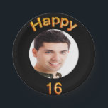 16th birthday party black gold photo paper plate<br><div class="desc">A paper plate for a 16th birthday party for guys. Template for your photo.  Black background and the text: Happy 16.  The text is written with a trendy faux gold balloon script.
Matching paper napkins are available in our store!</div>