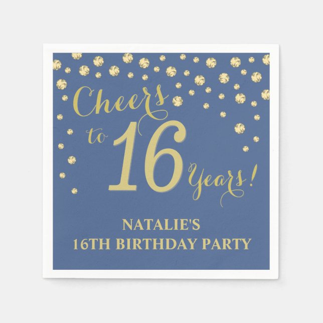 16th Birthday Party Blue and Gold Diamond Napkins (Front)
