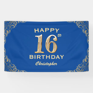 16th Birthday Party Blue and Gold Glitter Frame Banner