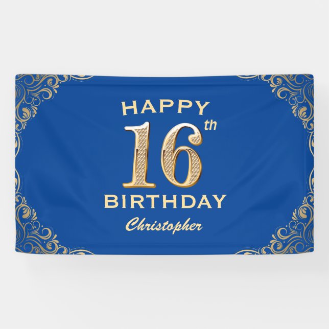 16th Birthday Party Blue and Gold Glitter Frame Banner (Horizontal)