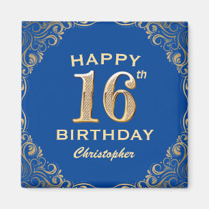 16th Birthday Party Blue and Gold Glitter Frame Magnet