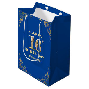 16th Birthday Party Blue and Gold Glitter Frame Medium Gift Bag