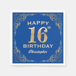 16th Birthday Party Blue and Gold Glitter Frame Napkin