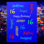 16th Birthday Party Blue Guest Book, Name, Spiral Notebook<br><div class="desc">What a wonderful, personalized spiral notebook Guest Book for a 16th birthday party or any other occasion. On the cover, Name and Age repeats in different fonts and primary colours on a bright blue background. Easy to personalize - just CHANGE NAME, AGE, and OCCASION in ONE PLACE. Supports name up...</div>