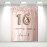 16th birthday party blush pink rose gold glitter tapestry<br><div class="desc">A tapestry for a girly and glamourous Sweet 16, 16th birthday party. A rose gold, pink gradient background with elegant rose gold coloured faux glitter drips, paint dripping look. With the text: Happy Birthday. Personalize and add a name. The name is written in dark rose gold with a modern hand...</div>