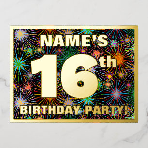 16th Birthday Party: Bold, Colourful Fireworks Loo Foil Invitation Postcard