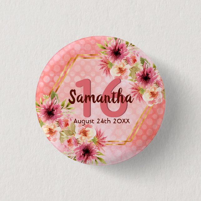 16th birthday party coral gold dahlia flowers 1 inch round button (Front)