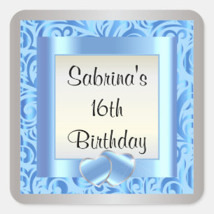 16th Birthday Party DIY Text Blue Square Sticker