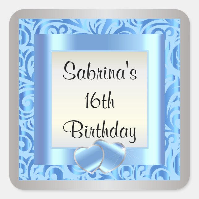 16th Birthday Party | DIY Text | Blue Square Sticker (Front)