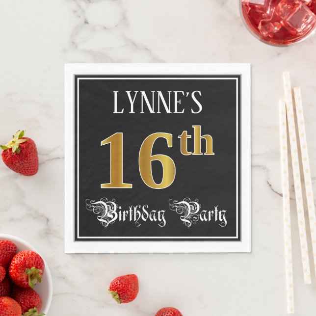 16th Birthday Party — Fancy Script, Faux Gold Look Napkin (Insitu)