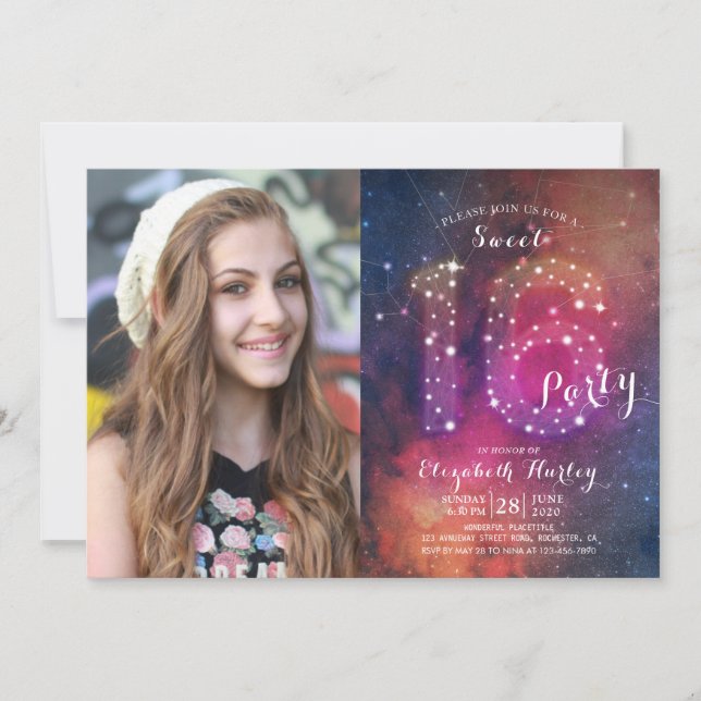 16th Birthday Party Galaxy Constellations Photo Invitation (Front)