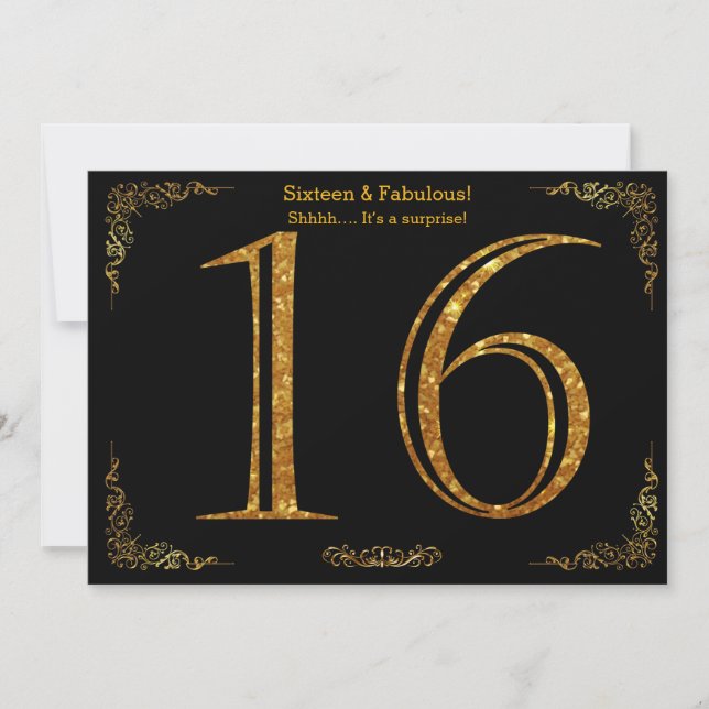 16th Birthday party,Gatsby styl,black gold glitter Invitation (Front)