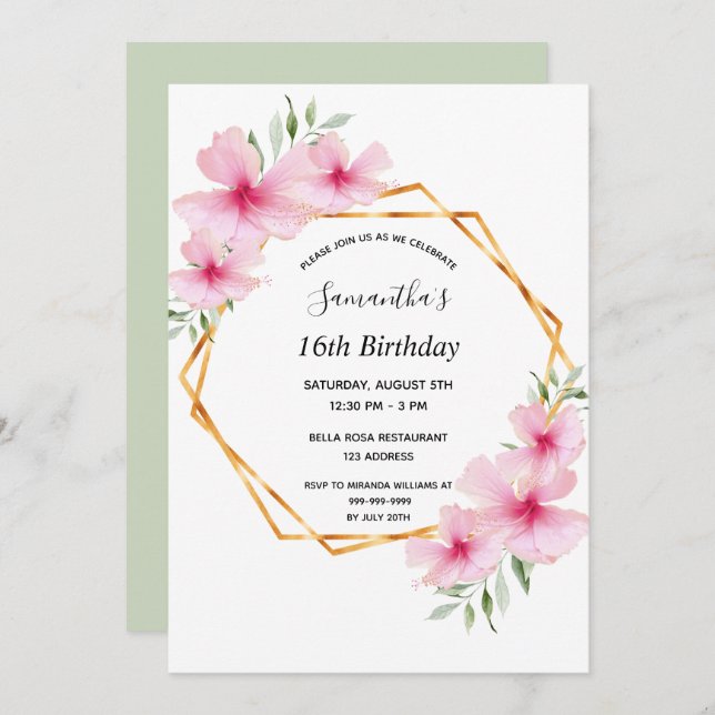 16th birthday party geometric pink flowers gold invitation (Front/Back)