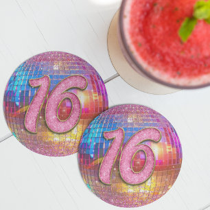 16th Birthday Party Gold Pink Glitter Disco Ball Round Paper Coaster