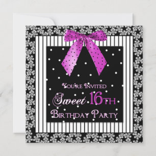 16th BIRTHDAY PARTY INVITATION, Black/Fuchsia/Bow Invitation