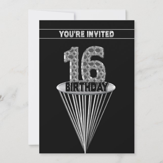 16TH Birthday Party Invitation - Silver and Black, (Front)