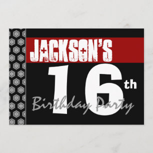 16th Birthday Party Modern Red Black and White Invitation